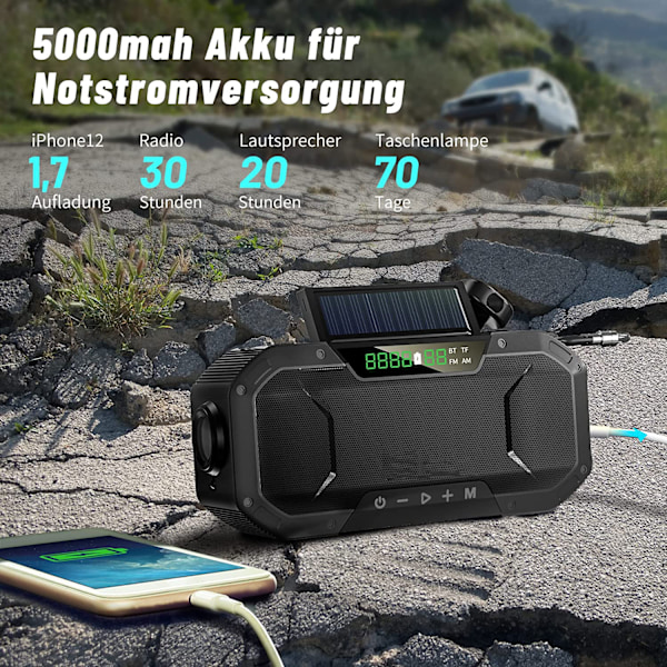 Outdoor Companion, 10000Mh Nödvärdesradio för nödsituationer med stänksäker design, Multifunktionell radio med Bluetooth, Solcells- och vevladdning, Portabel AM