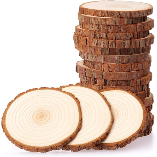 Träcirklar med bark, naturligt obehandlat furuträ för ditt nästa DIY-projekt, garanterad jämnhet, inga borrade hål, idealiska för julgransprydnader