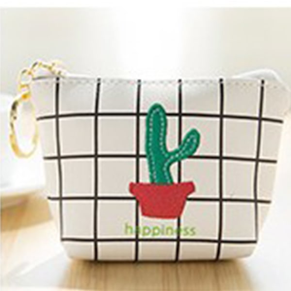 Portable Mini Coins Purse Lady PU Money Cards Bag with Zipper Storage Organizer White Cactus