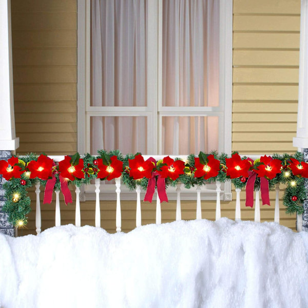 Julgirlang med sidenblad och julstjärnor, Festlig atmosfär Röda blommor 2 m lång Batteridriven Belyst Julstjärnegirlang för Jul
