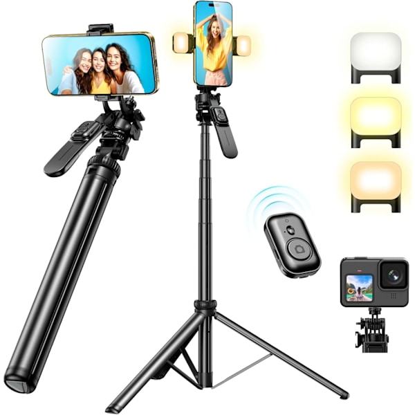 Telefonstativ, stativ for iPhone og selfiestangstativ med fjernkontroll og 2 lys, alt-i-ett 360° roterende bærbart reisetelefonstativ for