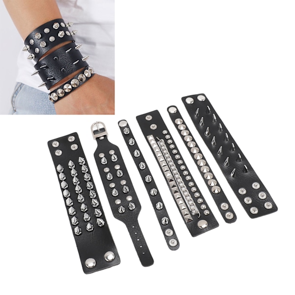 6 Delar Punk Nitar Svart Armband PU Läder Justerbart Tryckknapps Spetsigt Armmanschett för Män Kvinnor 6-Delars Set