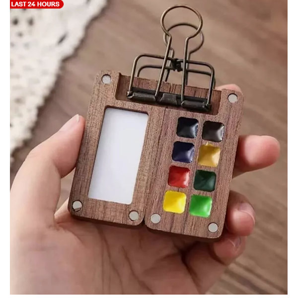 Bärbar Mini Valnöt Akvarellfärg Låda 8 Färger Liten Palett Skissbok Set