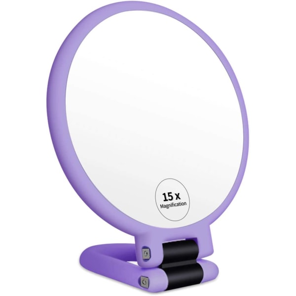 1X 15X forstørrende håndholdt speil, dobbeltsidig sokkel, lilla