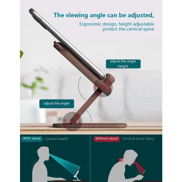 Mobiltelefonstativholder for skrivebord, justerbar, sammenleggbar, brun