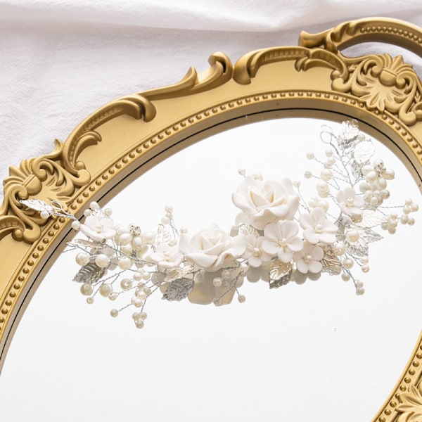 Blomsterflickakronor, Bröllopskam med Strass för Boho Brud med Blomsterblad, Brudhåraccessoarer av Premiumkvalitetsmaterial