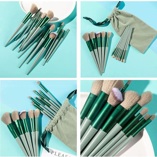 Makeup-børster 13 stk. sæt med taske, grøn