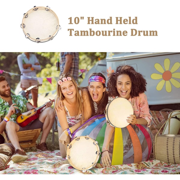 10" håndholdt tamburintrommeklokke bjørkmetalljingler