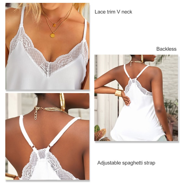 Dam V-ringad Camisole Topp Ärmlös Spetskant Spaghettiband Basic Linne för Sommar