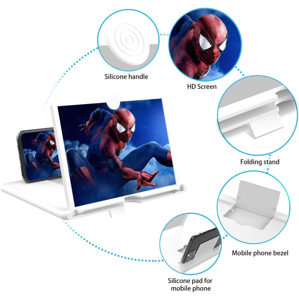 Bærbar forstørrelsesglas, til at se videoer på smartphones, hvid