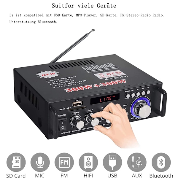 Hi-Fi Bluetooth-förstärkare, prisvärd 2-kanalsreceiver för hem- och billjud, stereoeffekt med bas- och diskantkontroll