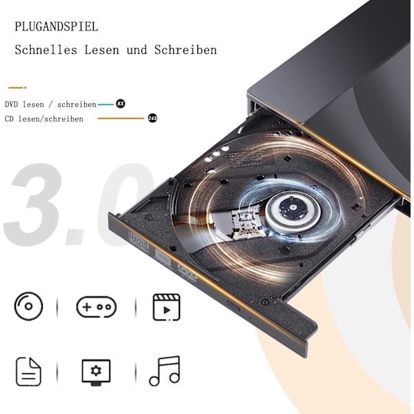 Bärbar DVD-enhet med förbättrad kompatibilitet, lätt att bära CD/DVD-brännare för bärbar dator, stationär dator, Mac, iOS, Windows, Linux