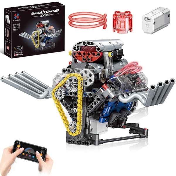 V8 Motor Model Kit med Smart App-styring, Synlige Stempler, USB-genopladelig Motor, 665 Dele STEM