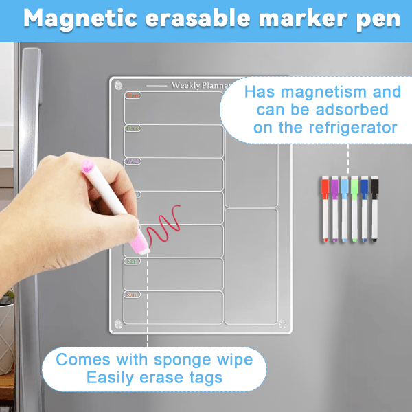 Akryl magnetisk menytavla för kök, akryl veckovis kalender för kylskåp, akryl whiteboard för kylskåp med 6 magnetiska raderbara