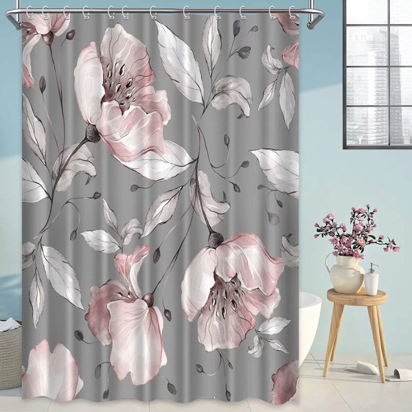 Blommiga duschdraperier för badrum, 12-pack plastkrok, grå