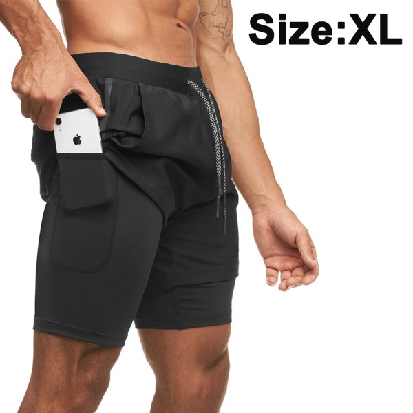 1 stk 2-i-1 trenings-løpeshorts for menn Korte bukser, svart, XL