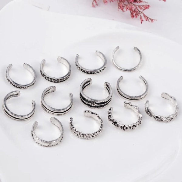 12-pack Boho Silver Ringit / Varvasrenkaat - Säädettävät Hopeiset