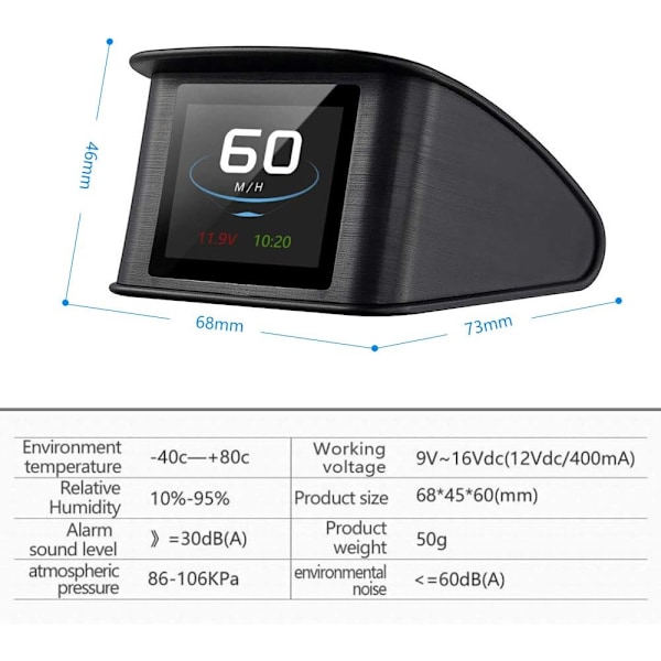 Smart HUD-display för fordon med Plug and Play-funktion, 2,2\" Full HD TFT LCD-skärm för alla bilmodeller, GPS-navigeringskompass &amp; Acceleration
