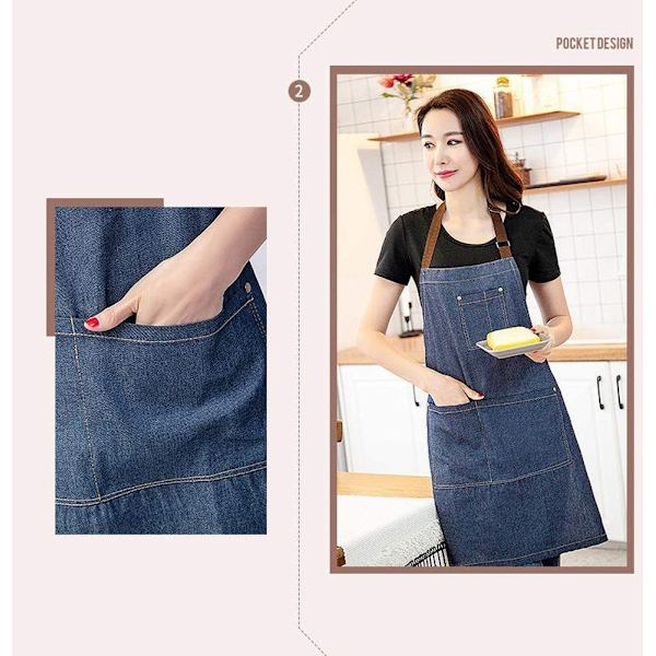 Denimförkläde, Unisex Justerbart Haklappsförkläde med 3 Fickor