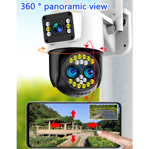 Dubbellins Utomhussäkerhetskamera, 2K HD WiFi-kamera med smarta varningar, fullfärgs mörkerseende, 360° PTZ Panorering/Tilt för hemövervakning, Rörelse