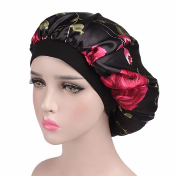 Satin Bonnet Sleep cap for kvinner hårpleie, svart blomst