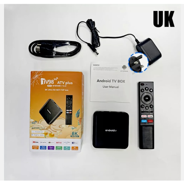 TV98 PLUS Smart Android TV-box, Mediaspelare med Android 14.0 OS, Quad Core ARM Cortex A53, G31 OpenGL3.2 Grafik, Dual Band WiFi, BT5.0, 8K UHD