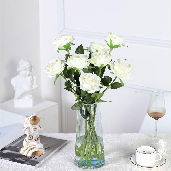 12 stk. kunstige roser, silkeblomster, realistiske blomster, hvide