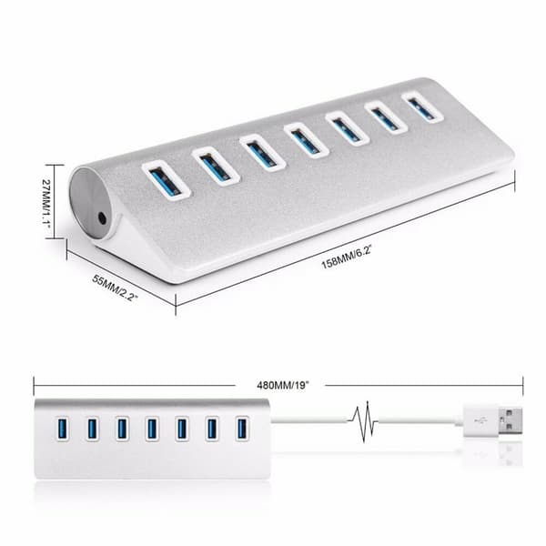 USB-hubb för bärbar dator, driven USB-hubb med höghastighetsdataöverföring, 7-portars SuperSpeed USB 3.0 aluminiumlegeringshubb för stationär Macbook PC, stöder