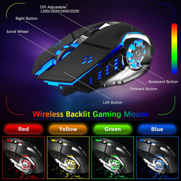 Trådløst gaming tastatur og mus Combo med regnbuebaggrundsbelysning