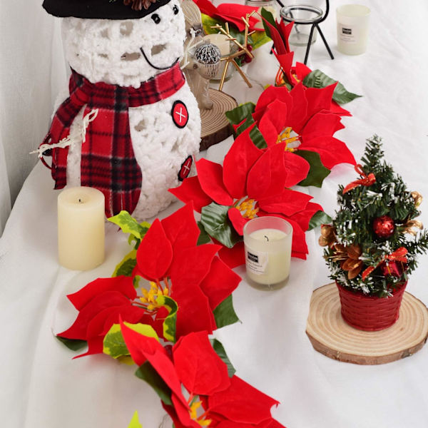 Julgirlang med sidenblad och julstjärnor, Festlig atmosfär Röda blommor 2 m lång Batteridriven Belyst Julstjärnegirlang för Jul