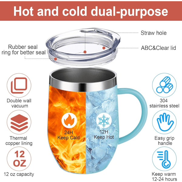 12oz Isolerad Kaffemugg med Handtag Rostfritt Stål Isolerad Kaffemugg Dubbelvägg Vakuum Resemugg Tumbler Kopp med Skjutbart Lock Resekaffe