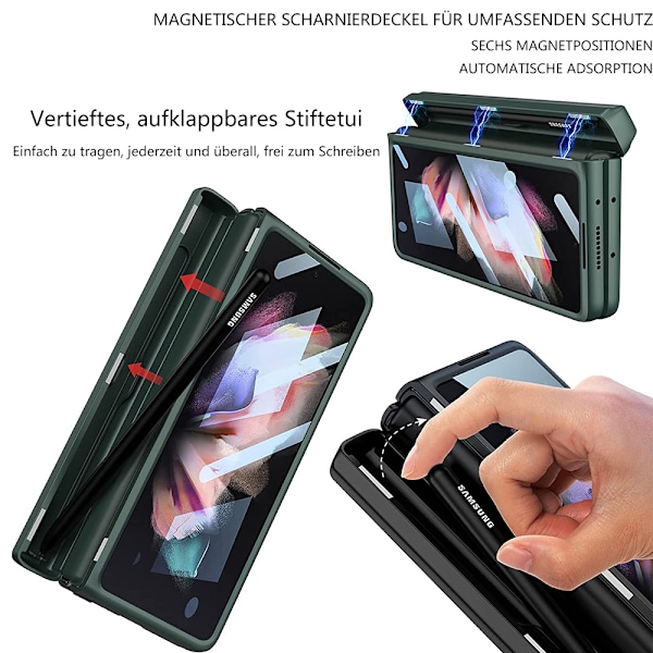 Galaxy Z Fold 3 Skal, Pennhållare, Läder på Baksidan, Magnetiskt Gångjärnsskydd, Stöd för Trådlös Laddning för Samsung Galaxy Z Fold 3 5G (Guld)