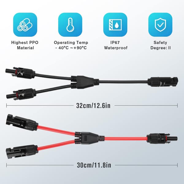 Solarkontakter Y-gren för solcellssystem, parallelladapterkabel med förtennade kopparledare och IP67 vattentäthetsklassning, Plug and Play