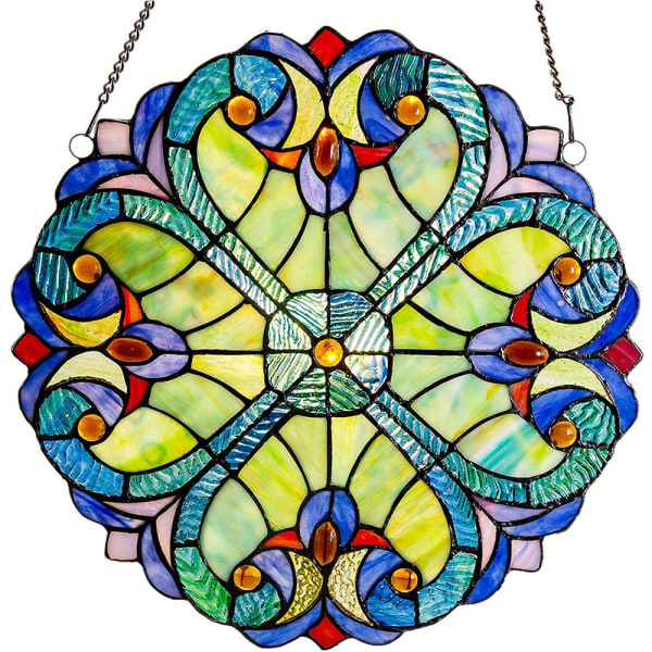 10" Tall Stained Glass Window Panel Blue Yellow Red