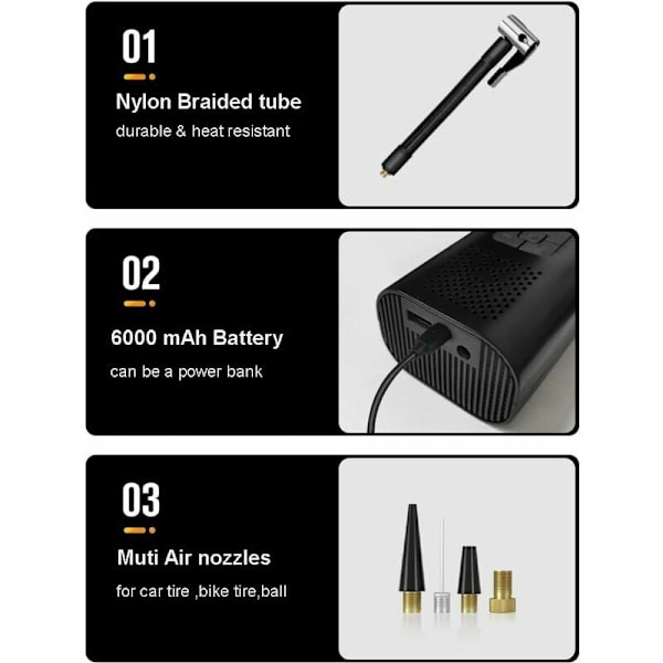 Däckpump med digital display: Portabel luftkompressor, 6000mAh batteri, snabb uppblåsning, automatisk avstängning, mångsidiga lägen