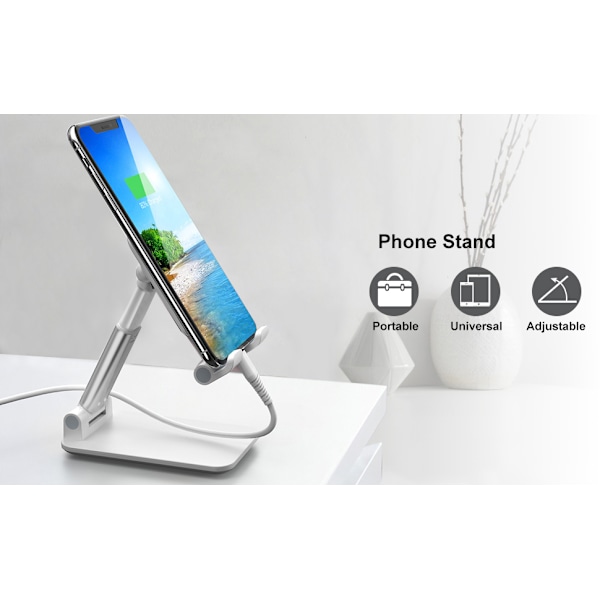 Justerbart Mobiltelefonställ, Stabilt Repskydd Vikbart Fäste för Skrivbord, Stödjer 3.5\"-8\" Telefoner och Upp till 10.5\" Tablets, med Laddningshål och