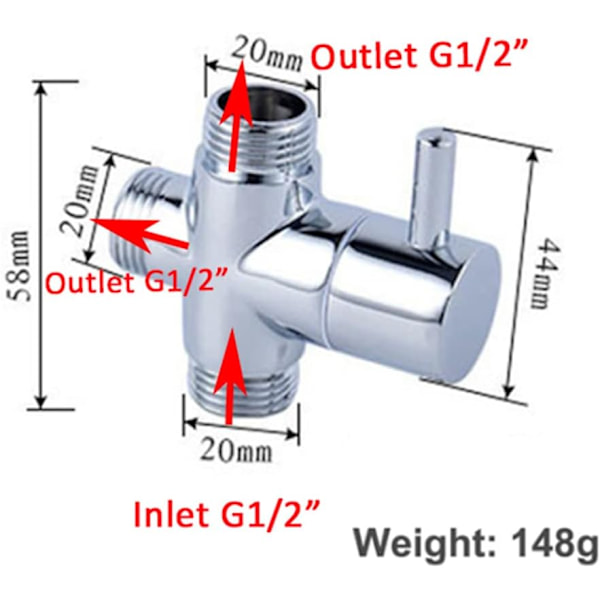 Diverterventil, Han G1/2 Mässing Kran T-adapter Krom Badrum Duschkran Tillbehör Vatten Diverter 3-vägs Han Fyllventil