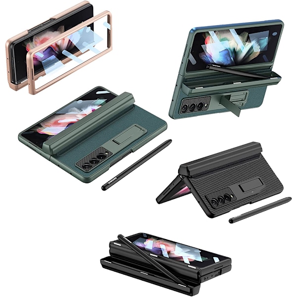Galaxy Z Fold 3 Skal, Pennhållare, Läder på Baksidan, Magnetiskt Gångjärnsskydd, Stöd för Trådlös Laddning för Samsung Galaxy Z Fold 3 5G (Guld)