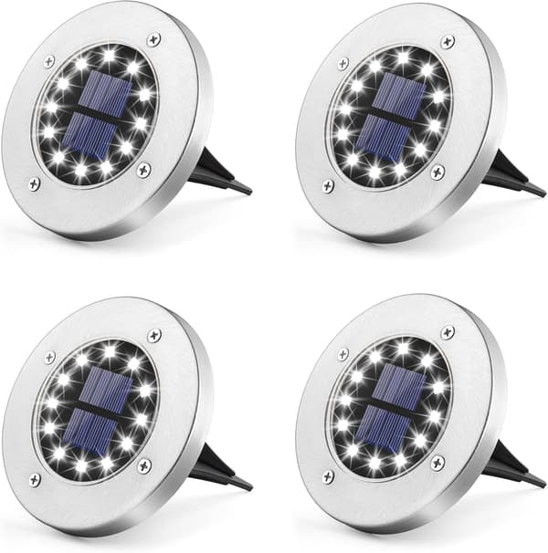4-pakning solcellehagelys, 12 varmhvite LED-er, rustfritt stål,