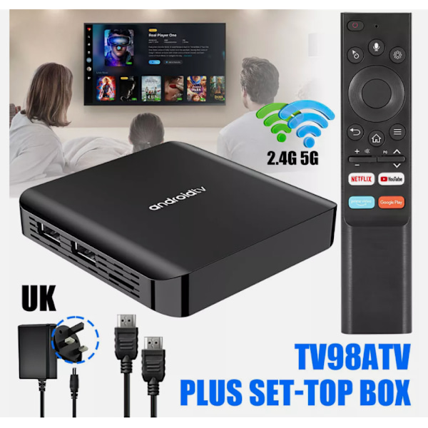 TV98 PLUS Smart Android TV-box, Mediaspelare med Android 14.0 OS, Quad Core ARM Cortex A53, G31 OpenGL3.2 Grafik, Dual Band WiFi, BT5.0, 8K UHD