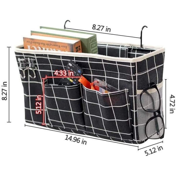 Natbord hængende opbevaringstaske til sengegavl, sort gitter