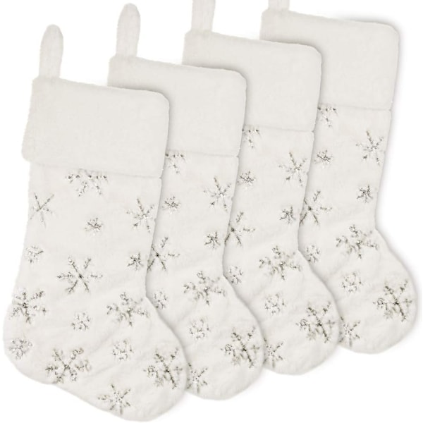 Julestrømper til familien, elegant fløjl, unikt design, plys imiteret pels med sølvpaillet-snefnug, luksuriøst touch til klassisk juletema