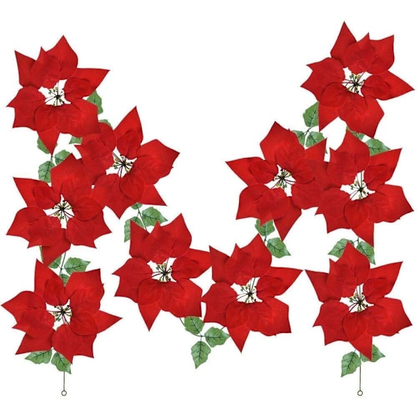 Julgirlang med sidenblad och julstjärnor, Festlig atmosfär Röda blommor 2 m lång Batteridriven Belyst Julstjärnegirlang för Jul