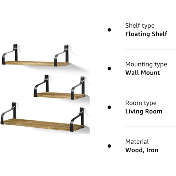 Væg Hylder Sæt af 3 Flydende Hylder i Træ og Jern Maksimal Belastning 20 Kg til Stue Soveværelse Kontor Badeværelse eller Køkken, Karboniseret Sort