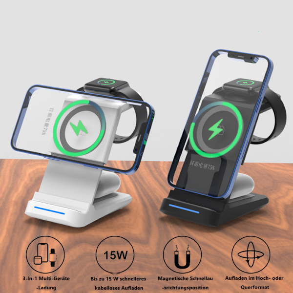 Laddare Kompatibel med Samsung Galaxy Watch 4, Sömnvänlig Laddningsplatta 3-i-1 Trådlös Laddningsstation, Vertikal Horisontell Laddning, Universell