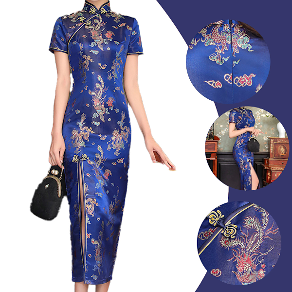 Cheongsam modifierad dam vår kortärmad lång brokad ung smal klänning