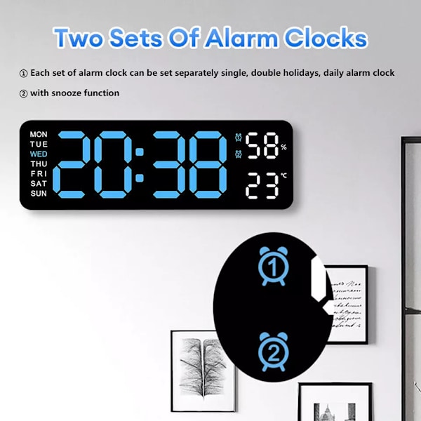 Digital LED Stor Vægur med Alarm, Kalender, Temperatur og Dato