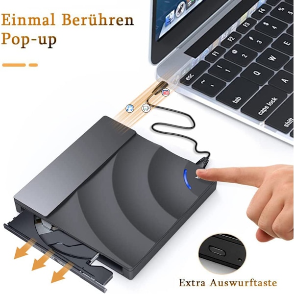 Bärbar DVD-enhet med förbättrad kompatibilitet, lätt att bära CD/DVD-brännare för bärbar dator, stationär dator, Mac, iOS, Windows, Linux