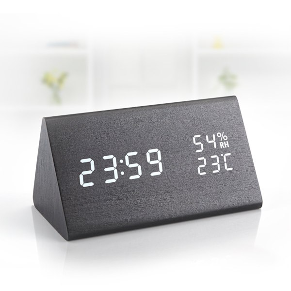 Wake Up Artisan, Unik väckarklocka i trä med dimbar display, flera alarm, temperatur- och fuktighetssensor för alla rum, Svart