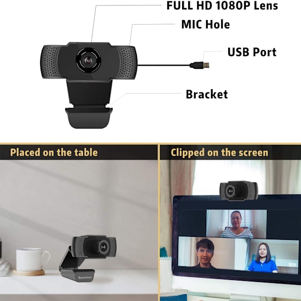 Webbkamera för stationär och bärbar dator, 1080P Full HD-videokamera, automatisk färgtemperaturjustering, brusreducerande mikrofoner för stationär dator, Plug-and-Play